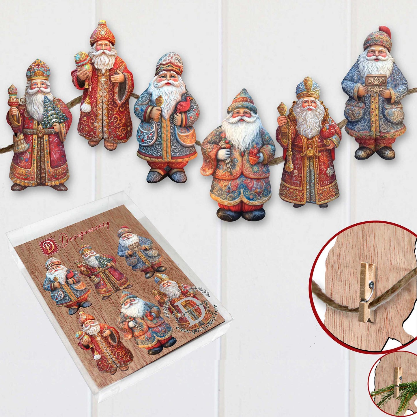 Santa Clip-On Eco Wood Decorative Ornaments Set of 6 by G. Debrekht - Christmas Decor - 8090032C-S6-4