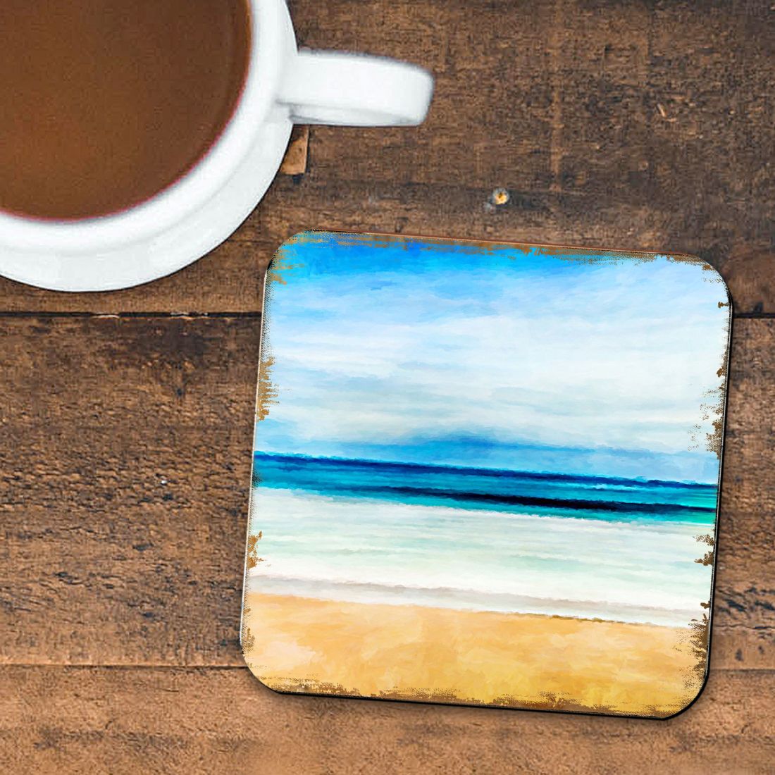Beach Coastal Wooden Cork Coasters Gift Set of 4 by Nature Wonders - Coastal Sea-Life Decor - 95226C-S4-4