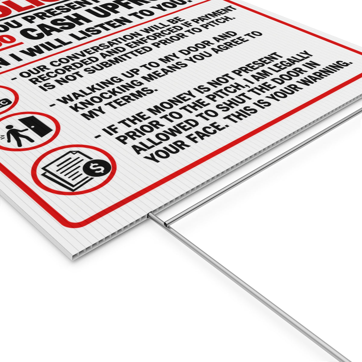 Private Property No Soliciting Yard Sign — 50 Cash Upfront Notice