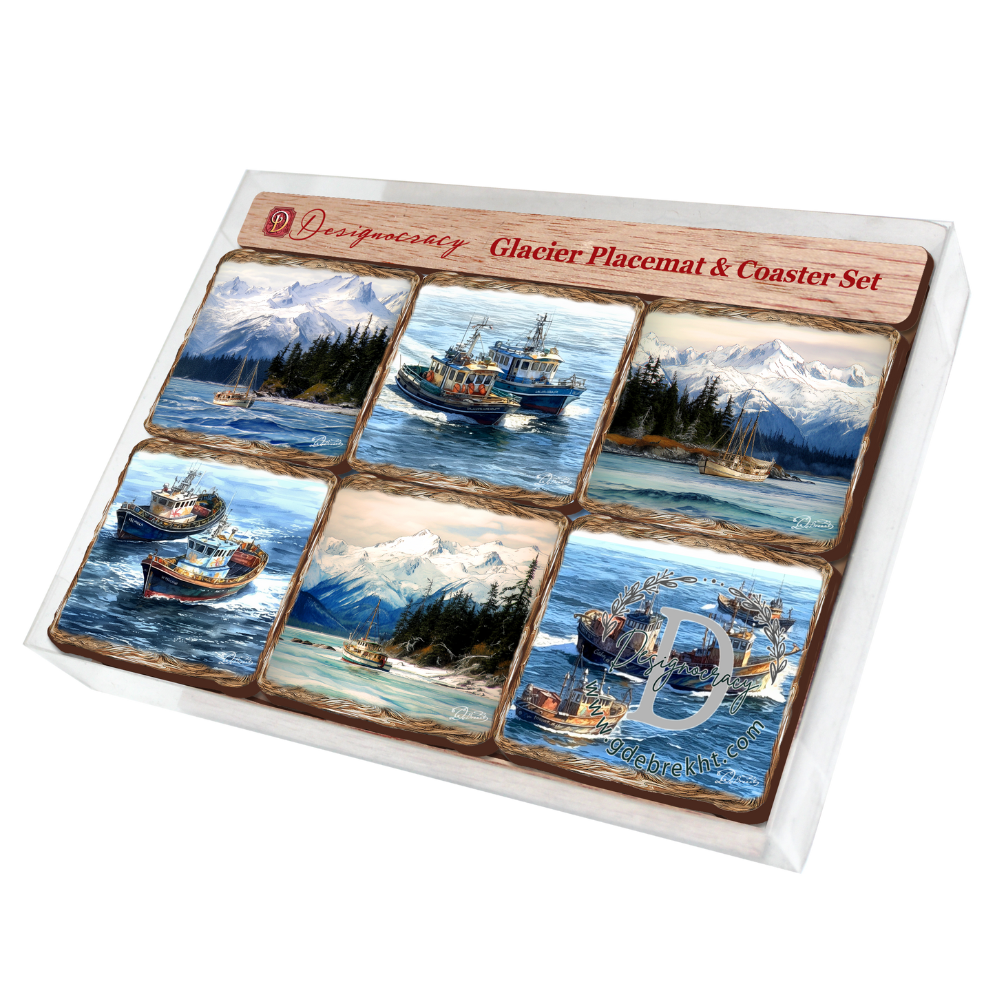 Fishing Boats Wooden Cork Placemat and Coasters Gift Set of 7 by Nature Wonders Coastal Wildlife Decor - 85405C-S7-4