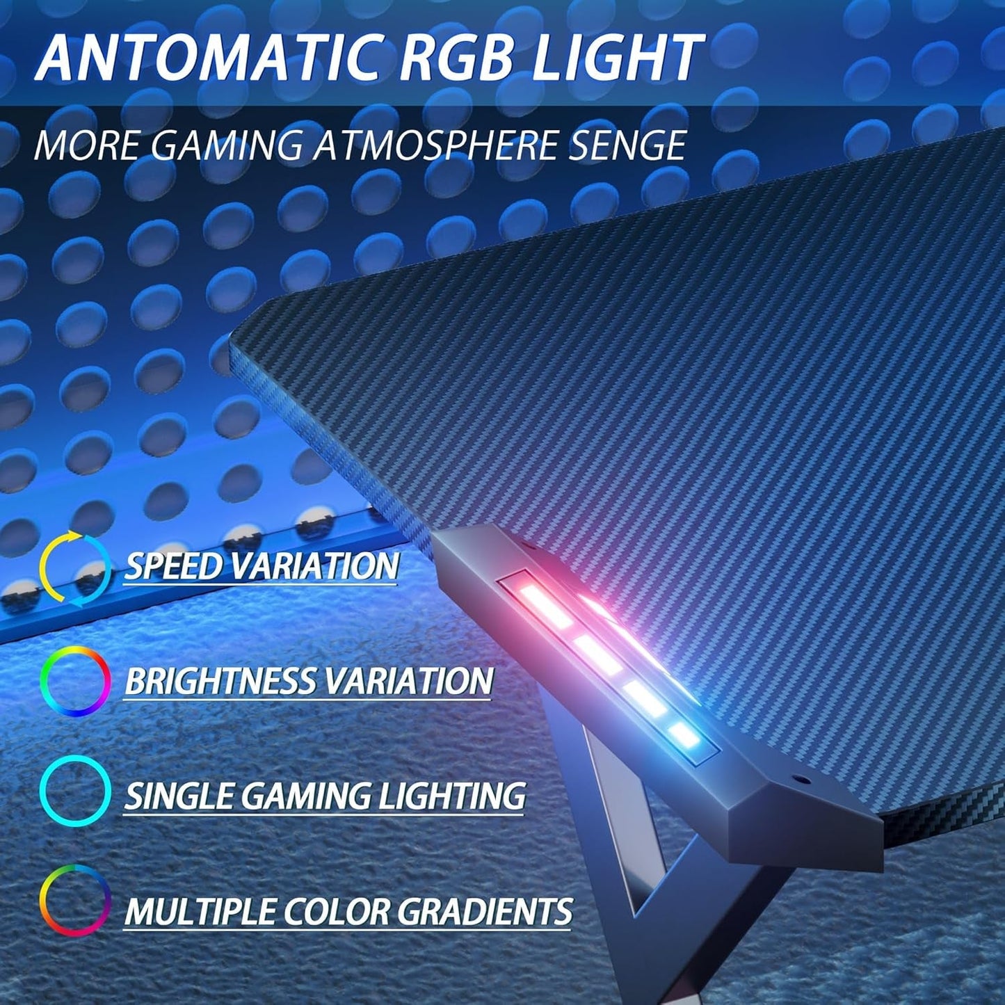 63 INCH Gaming Desk with LED Lights, Home Office Gamer Desk, Ergonomic Computer Table with Large Carbon Fiber Desktop, Office Workstation with Mouse Pad, Cup Holder & Headphone Hook, Black-4