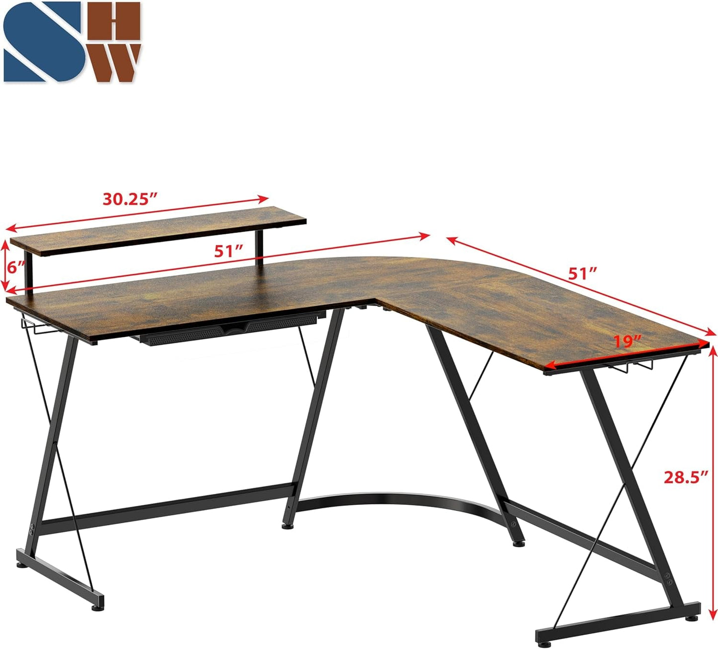 Vista L-Shape Desk with Monitor Stand, Rustic Brown-2