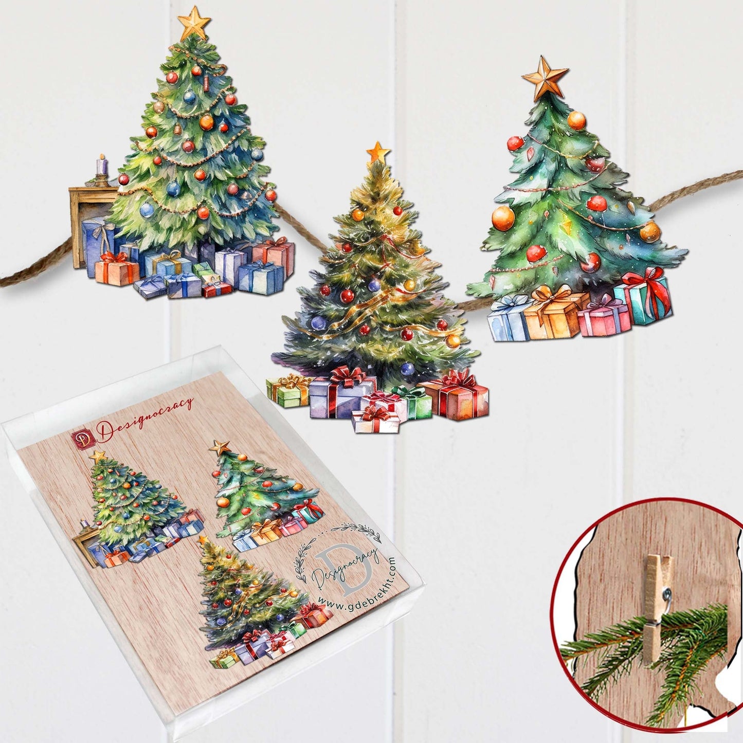 Christmas Tree Clip-On Eco Wood Decorative Ornaments Set of 3 by G. Debrekht - Christmas Decor - 8091044C-S3-4