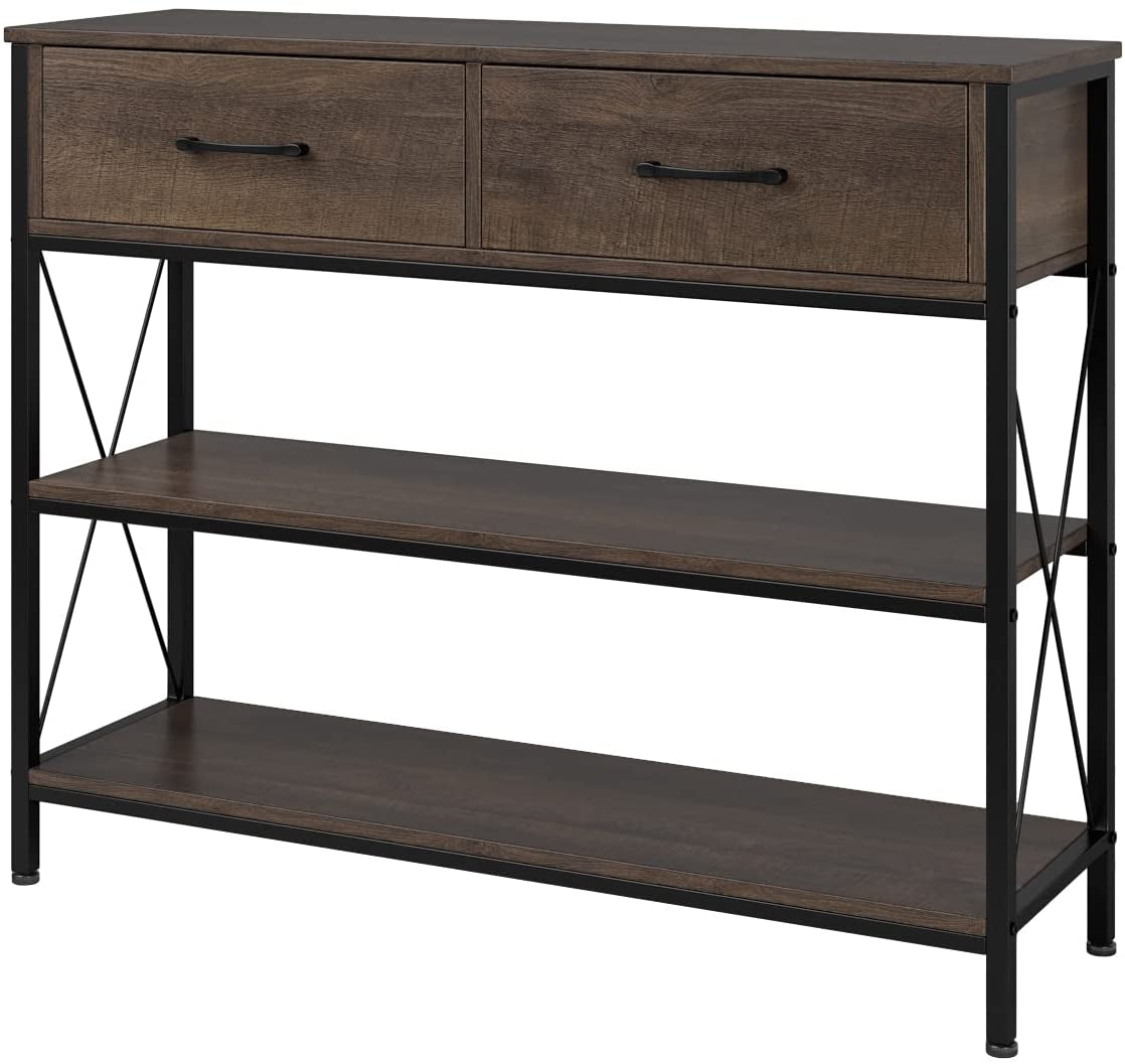 Vintage Industrial Sofa Table with Drawers and Shelves-1