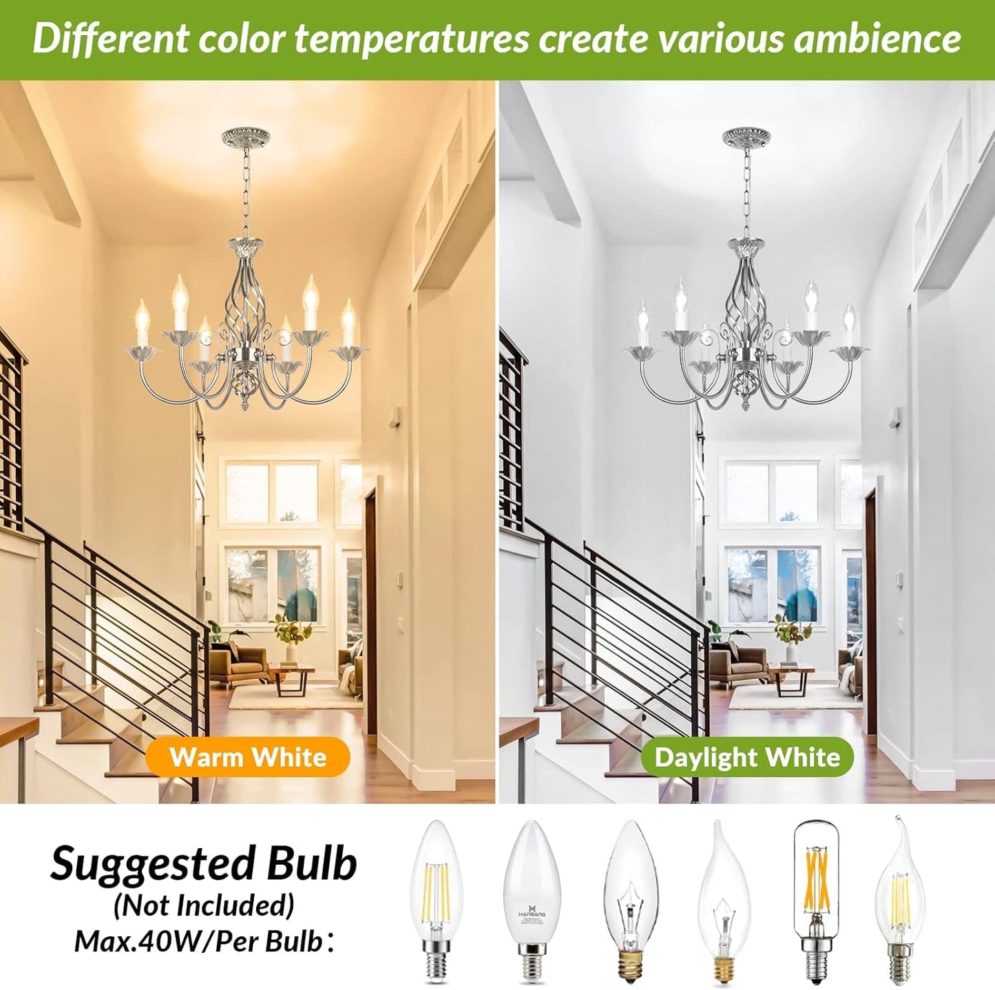 6-Light Farmhouse Candle Chandelier for Living Room, Rustic Industrial Pendant Ceiling Light Fixture, Brushed Nickle Modern Ceiling Hanging Lamp for Bedroom Hallway Kitchen Dining Room Foyer, E12 Base-4