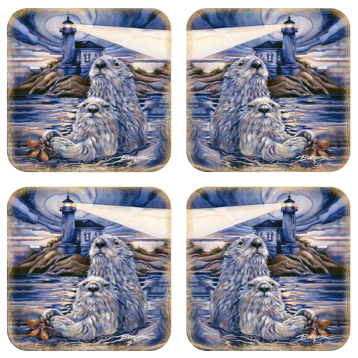 Starlight Otters Wooden Cork Coasters Gift Set of 4 by J. Bergsma - Wildlife Decor - 8199473C-S4-4