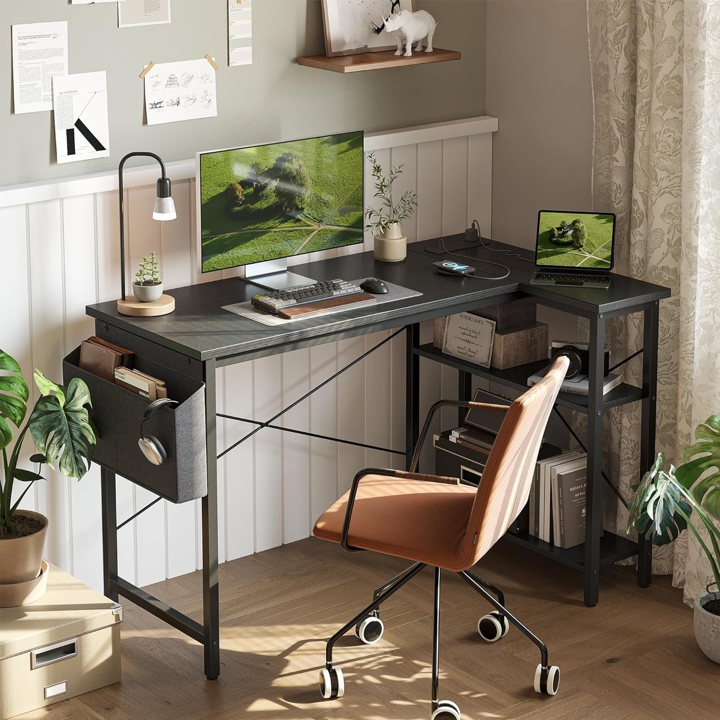 L Shaped Computer Desk with Power Outlets, 47 Inch Small Corner Desk with Reversible Shelves, Gaming Desk Computer Table Study Writing Table for Home Office Bedroom Small Space, Black-1
