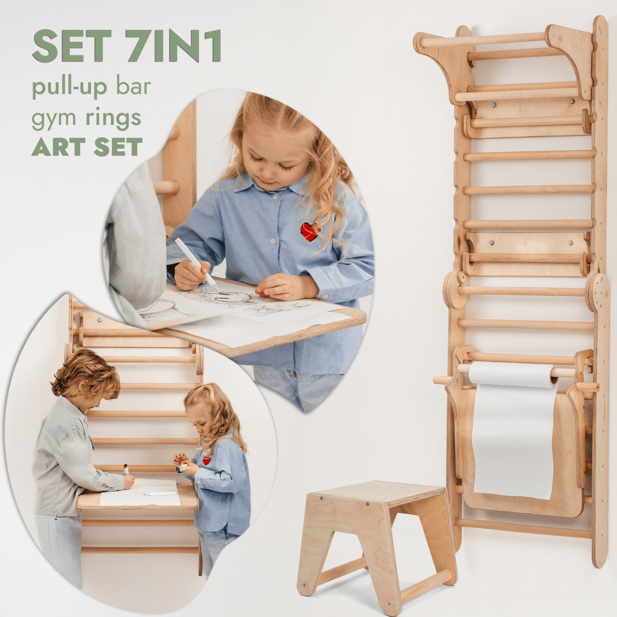 Wooden Swedish Wall / Climbing ladder for Children + Swing Set + Slide Board + Art Add-on-4