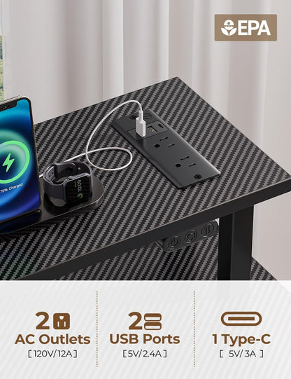 Computer Desk with Power Outlets & LED Light, 47 Inch Home Office Desk with 3 Drawers and Storage Shelves, Writing Desk with Monitor Stand, Modern Work Desk for Home Office, Carbon Black-3