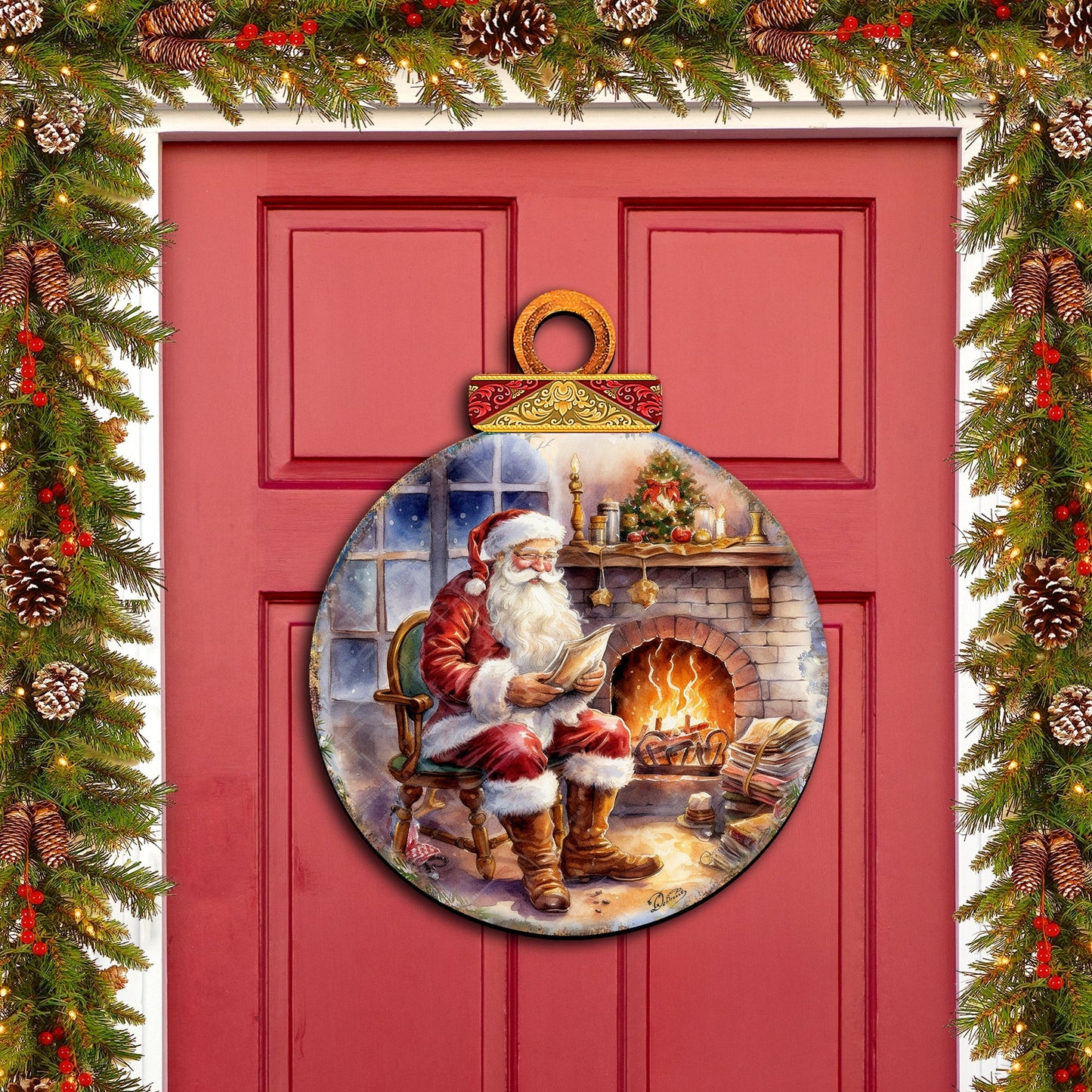 Santa at the Fireplace Wreath Holiday Door Decor by G. Debrekht - Christmas Santa Snowman Decor - 8611089-2H-4