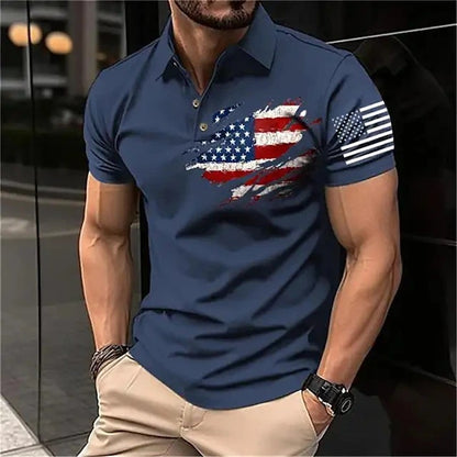 Men's Casual Flag Printed Lapel Short Sleeve