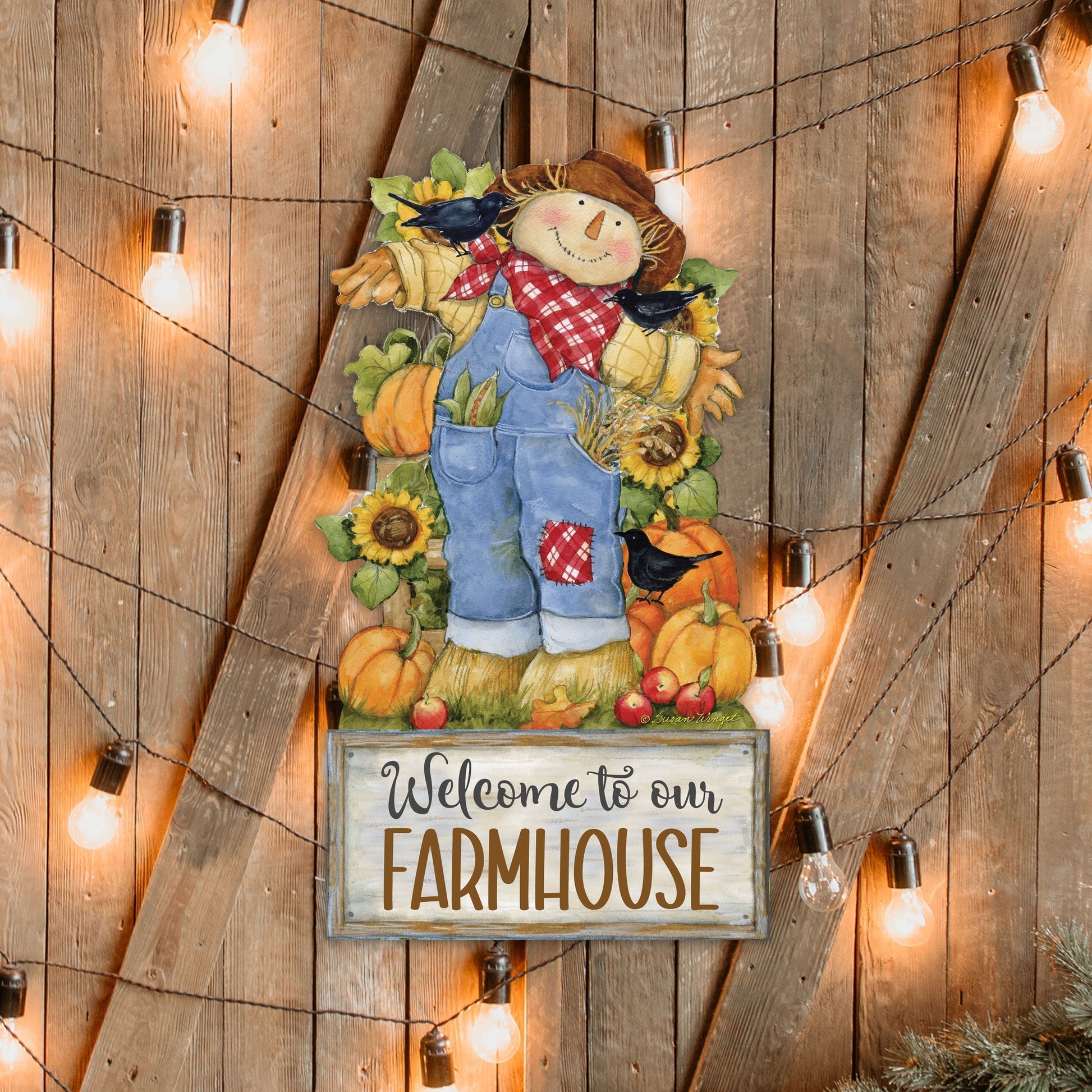 Farmhouse Door Hanger Fall Decoration Harvest Scarecrow Welcome Sign - Handmade Gift Autumn Adornment by Susan Winget - 8471211-2H-SW-2