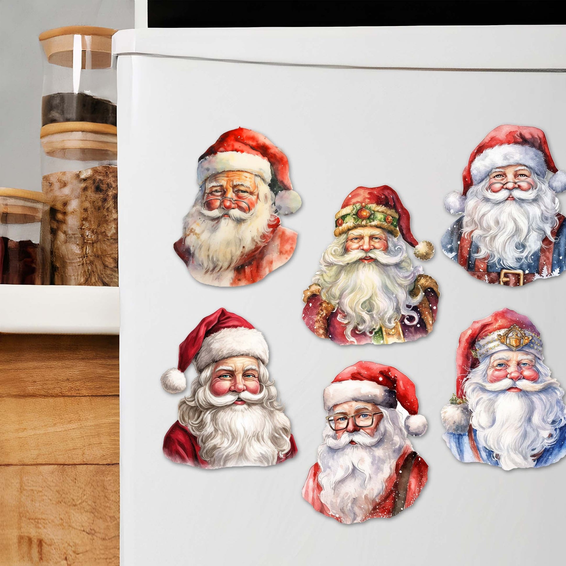 Jolly Santa Faces Decorative Eco Wood Magnets Set of 6 by G. Debrekht - Christmas Santa Snowman Décor - 8090045G-S6-0