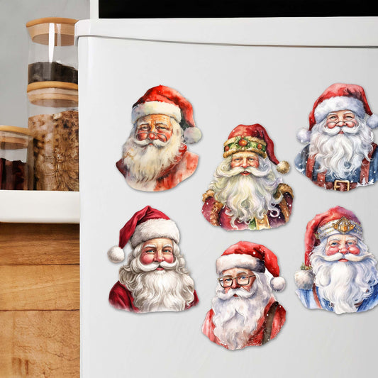 Jolly Santa Faces Decorative Eco Wood Magnets Set of 6 by G. Debrekht - Christmas Santa Snowman Décor - 8090045G-S6-0