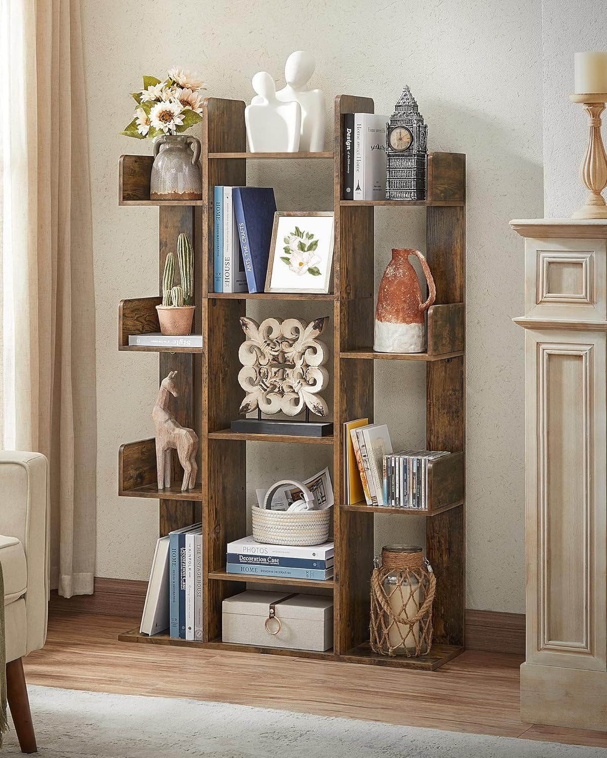 Bookshelf, Tree-Shaped Bookcase with 13 Storage Shelves, Rounded Corners, 9.8”D X 33.9”W X 55.1”H, Rustic Brown ULBC67BXV1-3
