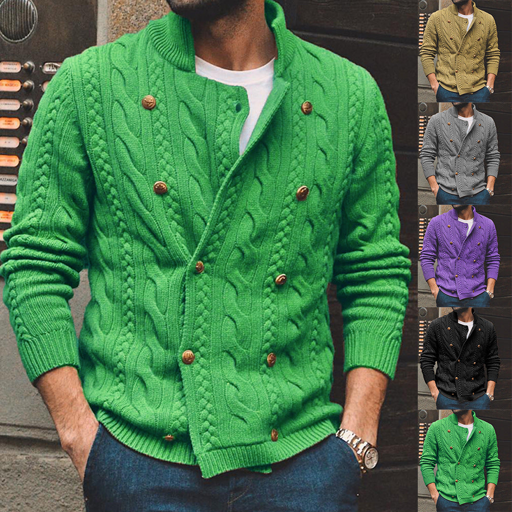 Men's Pure Color Half Collar Double-Breasted Knitted Sweater Coat