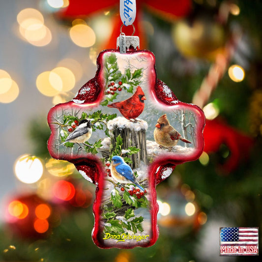 Winter Cardinals Cross Glass Ornament by D. Gelsinger - Nativity Holiday Decor - 758-010-DG-0
