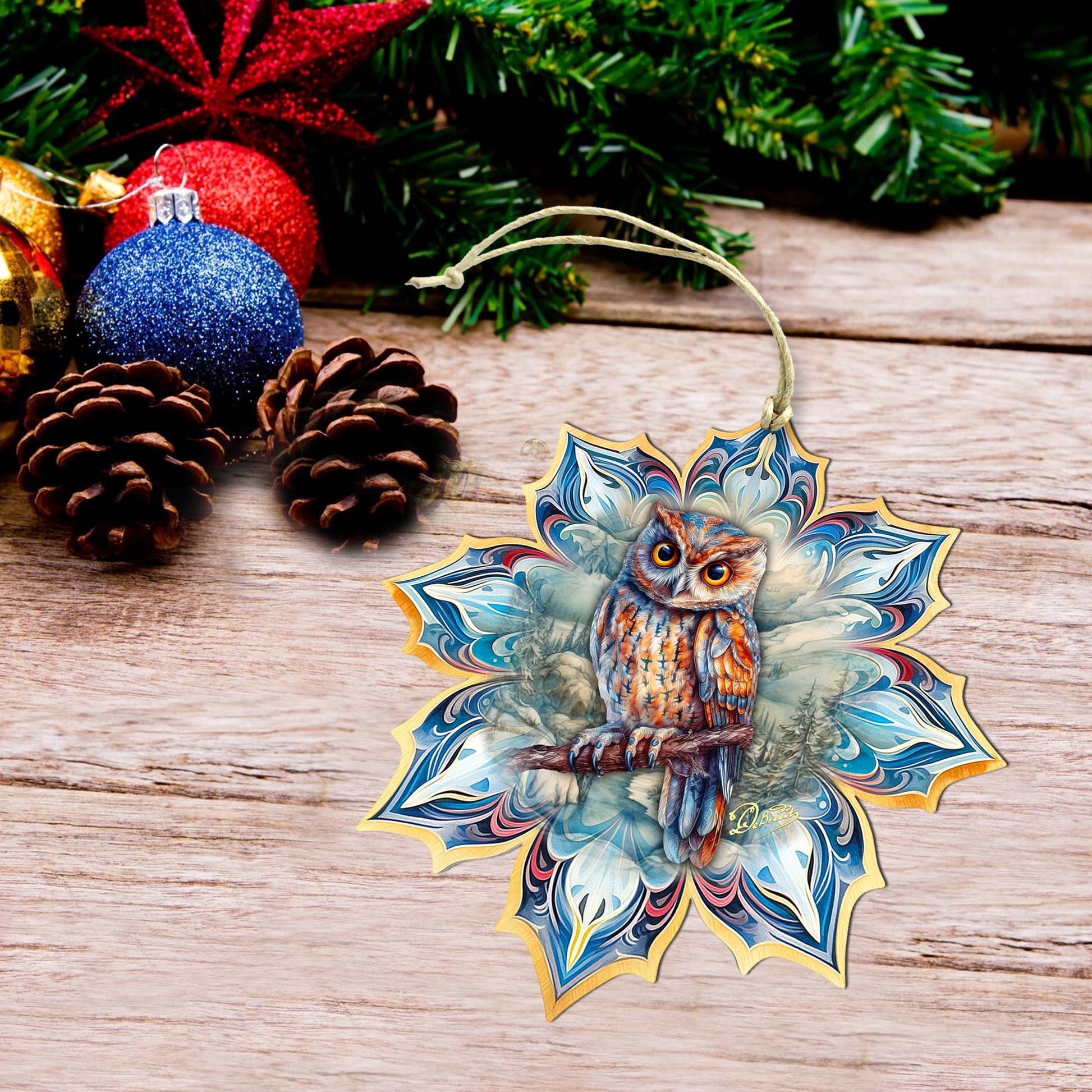 Great Horned Owl Snowflake Large Wooden Ornament by G. Debrekht - Nature Wildlife Decor - 8688436M-2