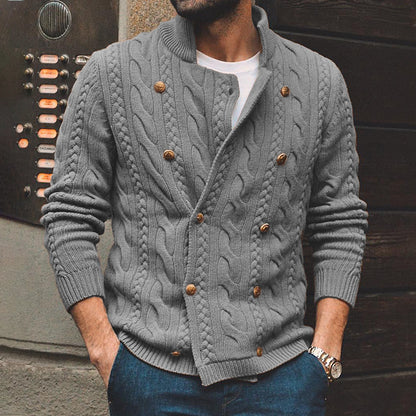 Men's Pure Color Half Collar Double-Breasted Knitted Sweater Coat