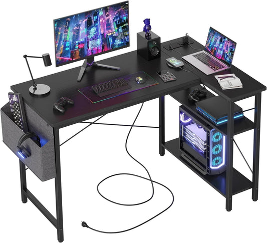 L Shaped Computer Desk with Power Outlets, 47 Inch Small Corner Desk with Reversible Shelves, Gaming Desk Computer Table Study Writing Table for Home Office Bedroom Small Space, Black-0