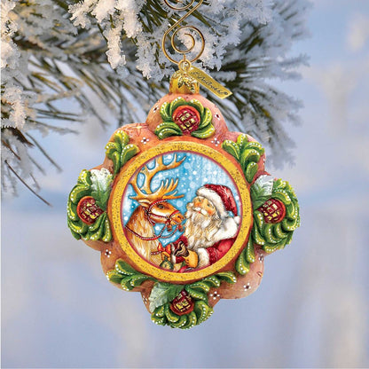 Santa with Reindeer Sculpted Hand-Painted Christmas Ornament by G. DeBrekht - Christmas Santa Snowman Decor - 6102542-0