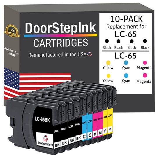 DoorStepInk Brand for Brother LC65 4 Black /  2 Each Color Remanufactured in the USA Ink Cartridges 10-pack-0