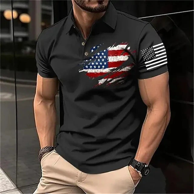 Men's Casual Flag Printed Lapel Short Sleeve