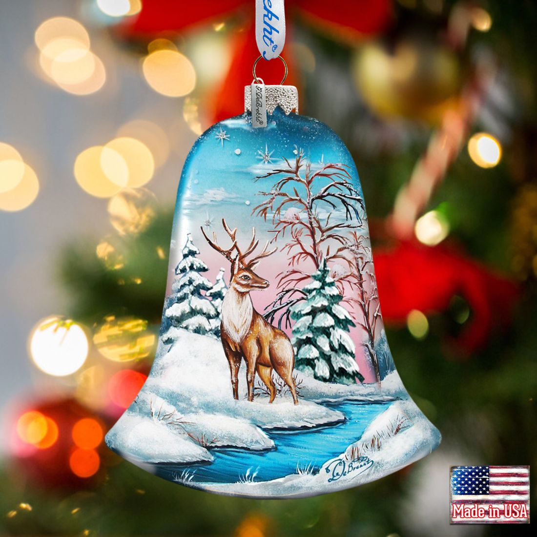 Winter Deer Bell Glass Ornament by G. DeBrekht - Wildlife Holiday Decor - 73183-0