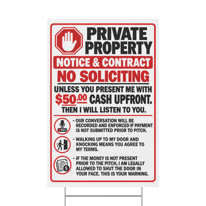 Private Property No Soliciting Yard Sign — 50 Cash Upfront Notice