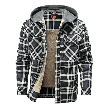 Men Warm Jacket Fleece Lining Lumberjack Plaid Hooded Jackets Snap Button