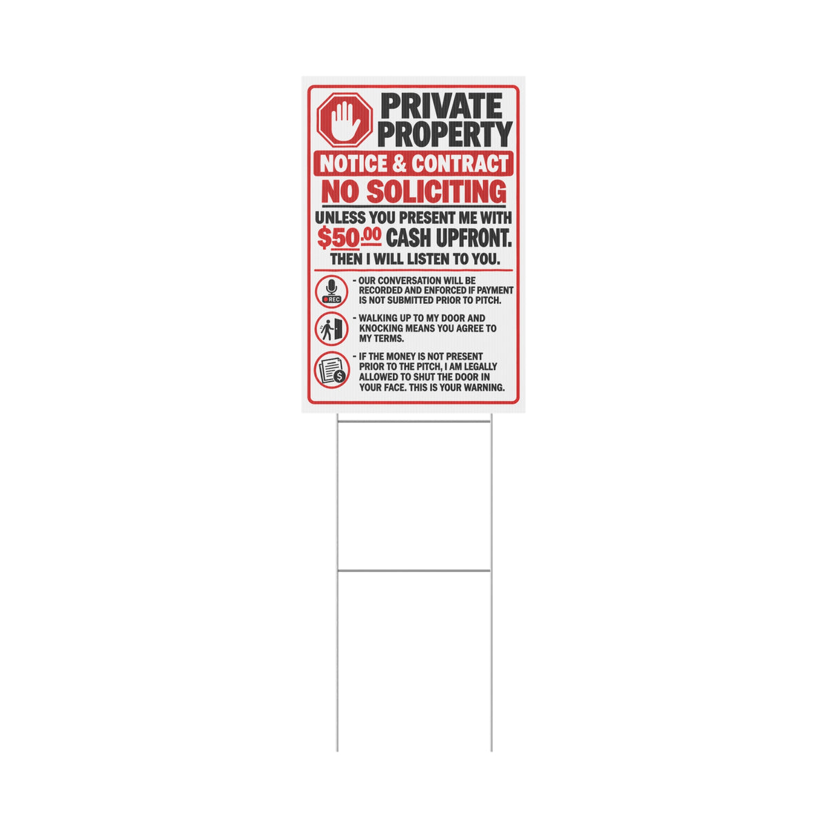 Private Property No Soliciting Yard Sign — 50 Cash Upfront Notice