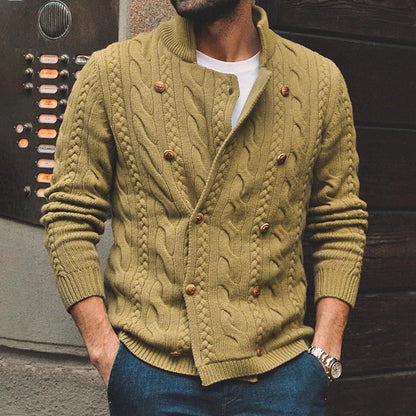 Men's Pure Color Half Collar Double-Breasted Knitted Sweater Coat