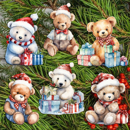Christmas Teddy Bear Clip-On Eco Wood Decorative Ornaments Set of 6 by G. Debrekht - Christmas Decor - 8090011C-S6-2