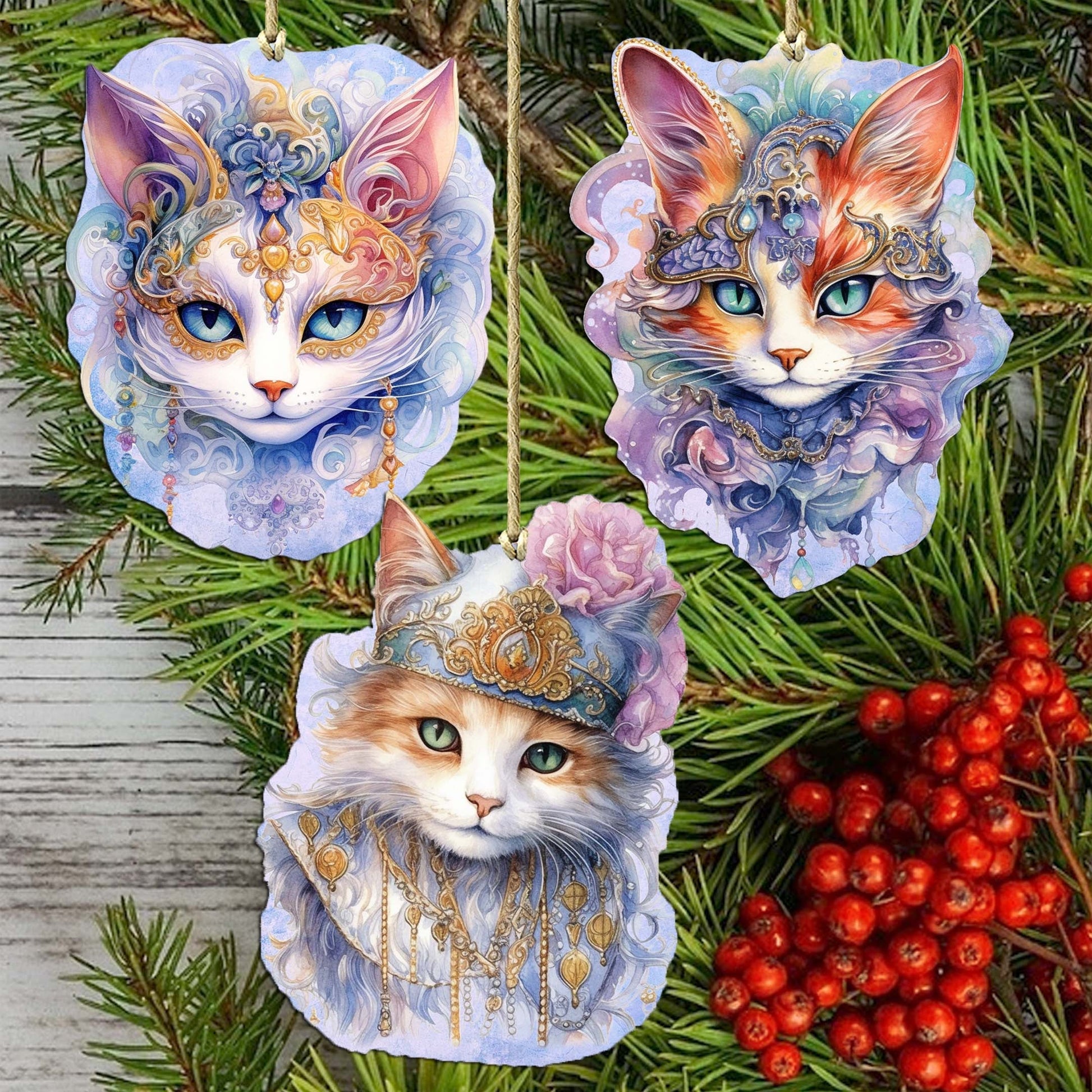 Beautiful Cats Decorative Eco Wood Ornaments Set of 3 by G. Debrekht - Christmas Decor - 8091033-S3-2