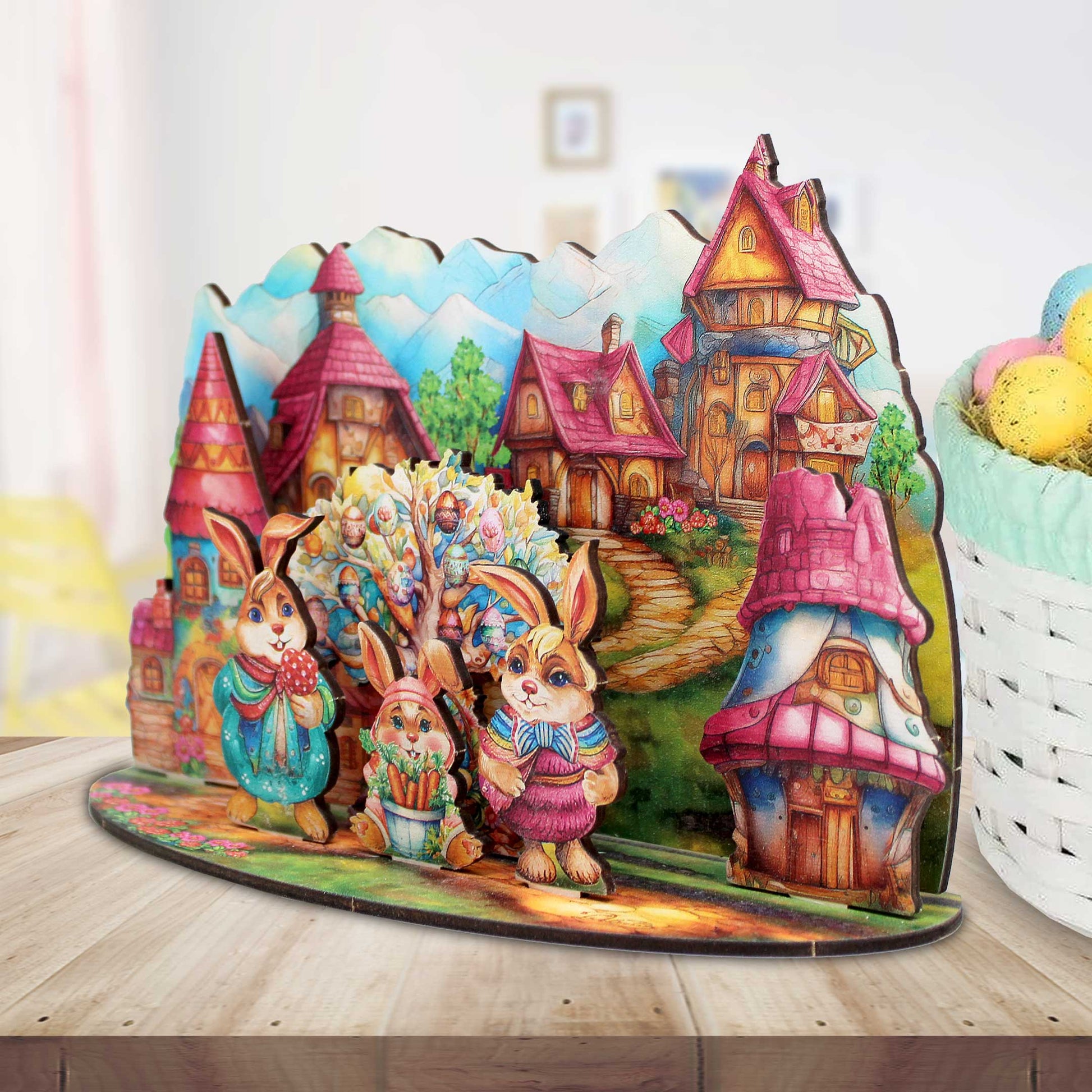 Easter Bunny Village Eco Wood Decorative Village Eco Wood Set by G. Debrekht Easter Spring Decor - 852769-1
