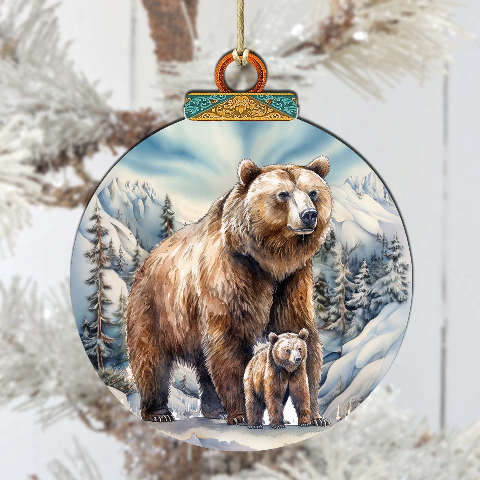 Grizzly Bear with Cub Wooden Ornaments by G.Debrekht - Wildlife Holiday Decor - 870070-2