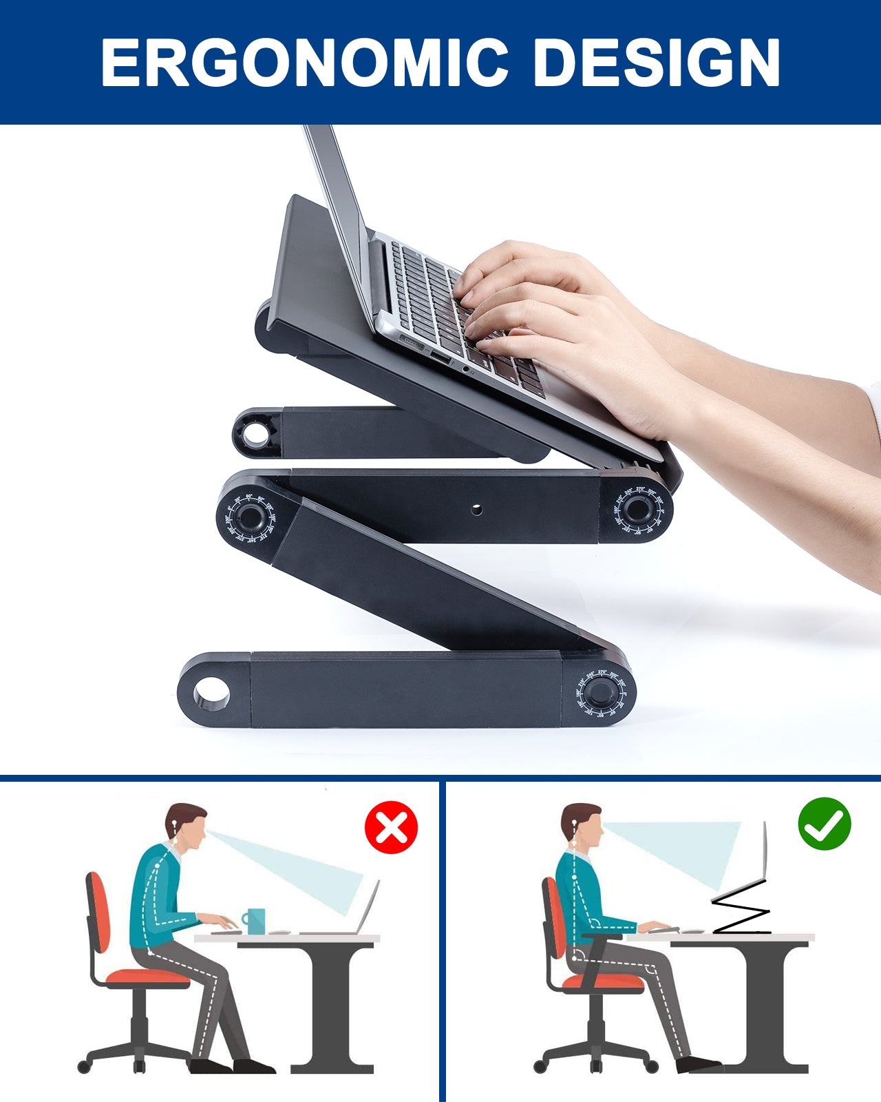 Adjustable Aluminum Lap Workstation with 2 CPU Cooling USB Fans and Mouse Pad