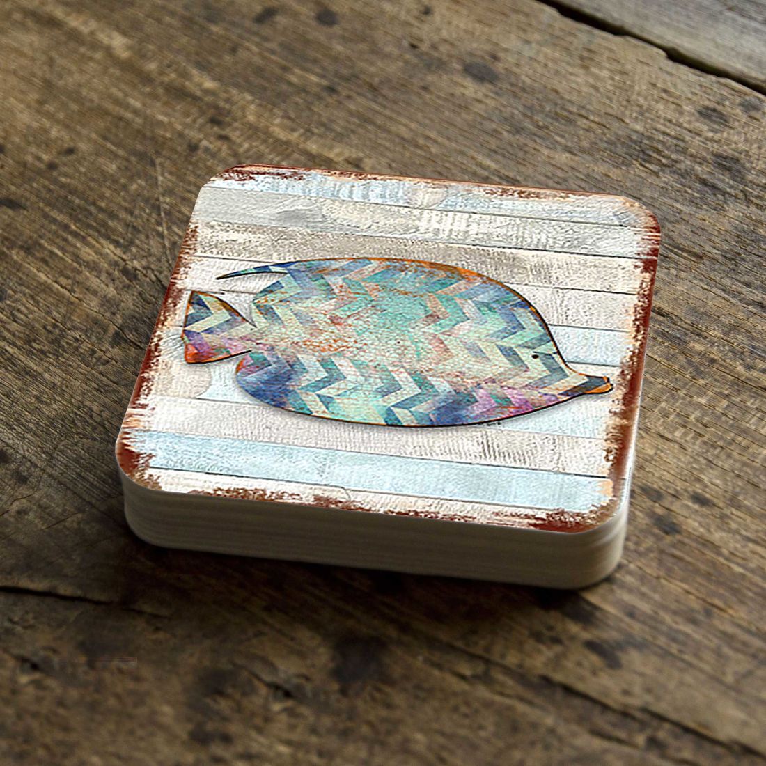 Tropical Fish Coastal Wooden Cork Coasters Gift Set of 4 by Nature Wonders - Coastal Sea-Life Decor - 8198527-2-9C-S4-3