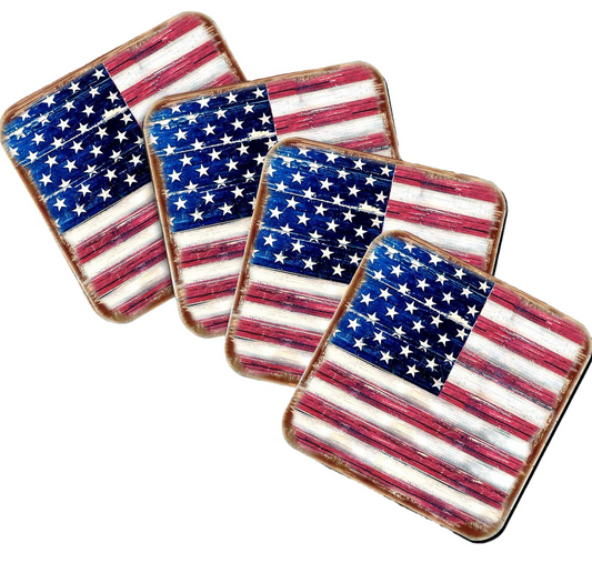 American Flag Wooden Cork Coasters Gift Set of 4 by Nature Wonders - 85099C-S4-0