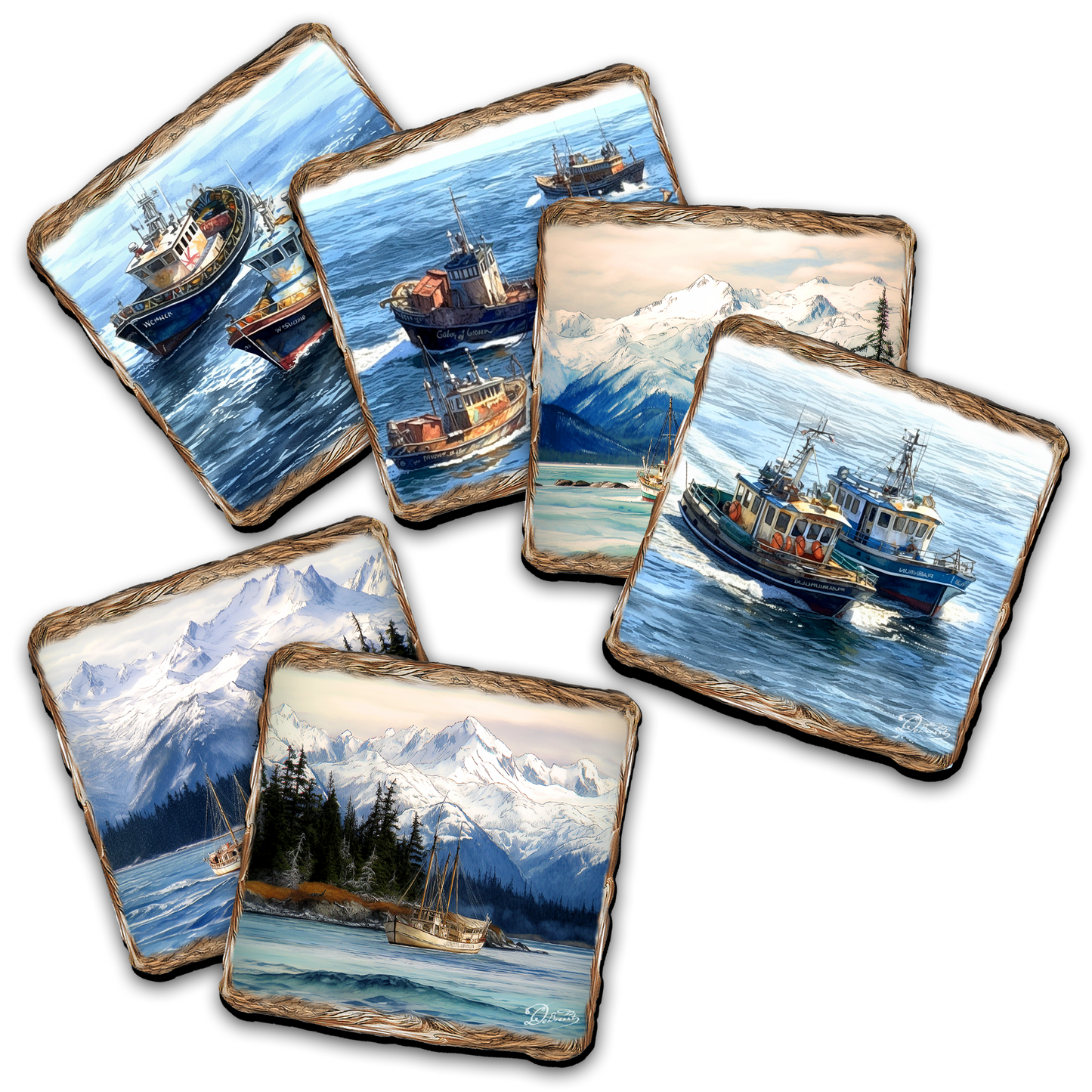 Fishing Boats Wooden Cork Placemat and Coasters Gift Set of 7 by Nature Wonders Coastal Wildlife Decor  - 85405C-S7-1