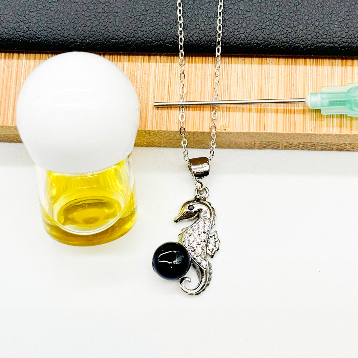 Sterling Silver Sea Horse Aroma Necklace - Black | Energy & Healing | Diffuse on the go-0