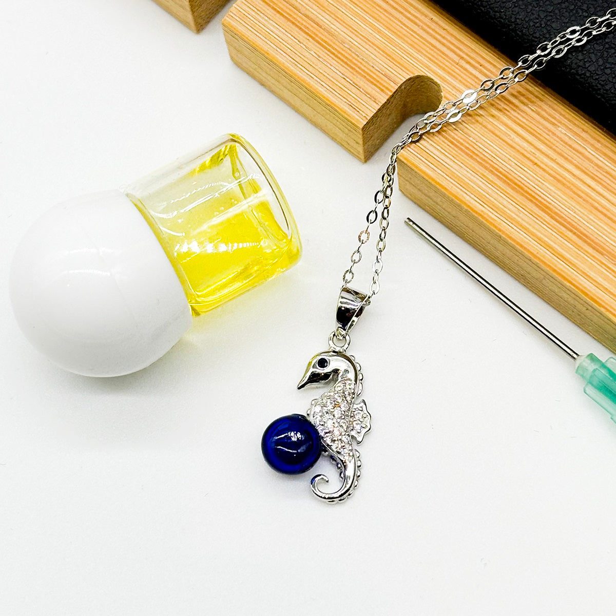 Sterling Silver Sea Horse Aroma Necklace - Navy | Energy & Healing | Diffuse on the go-1