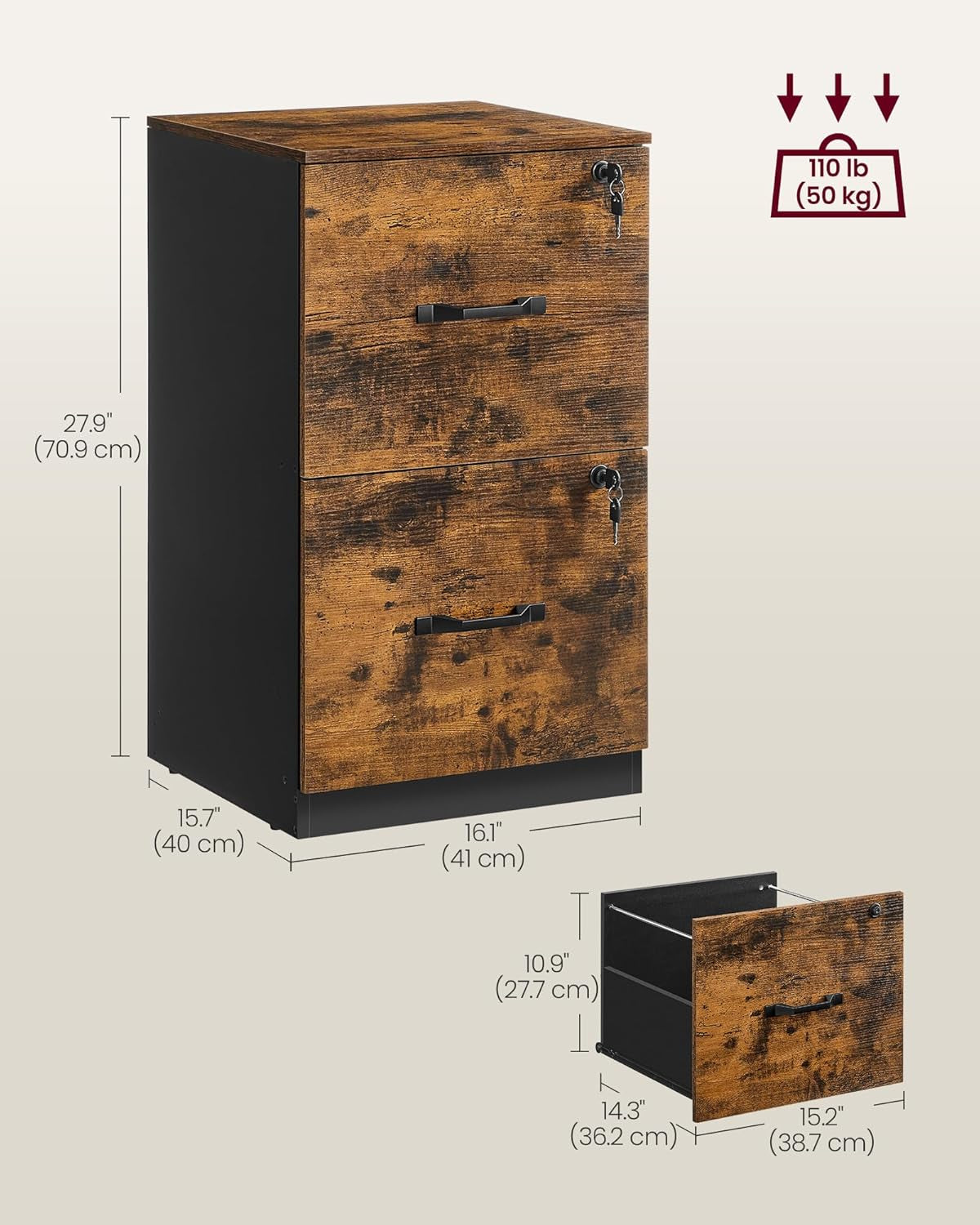 2 Drawer File Cabinet, File Cabinet with Lock, Printer Stand, Office Filing Cabinet Organizer, for A4 and Letter Size Files, Rustic Brown and Black UOFC061B01-2
