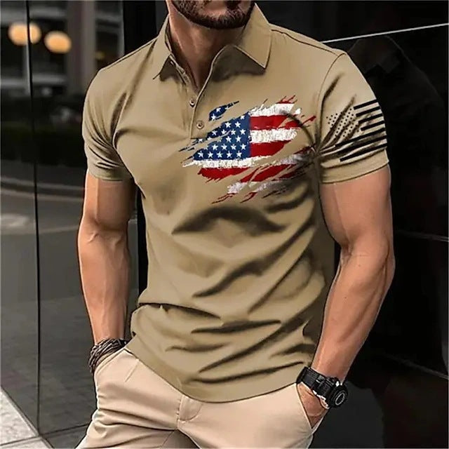 Men's Casual Flag Printed Lapel Short Sleeve