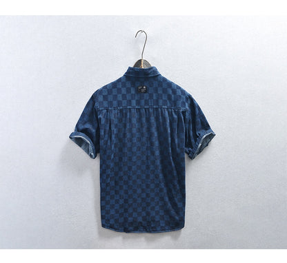 Men's Plaid Casual Denim Short Sleeve Shirt