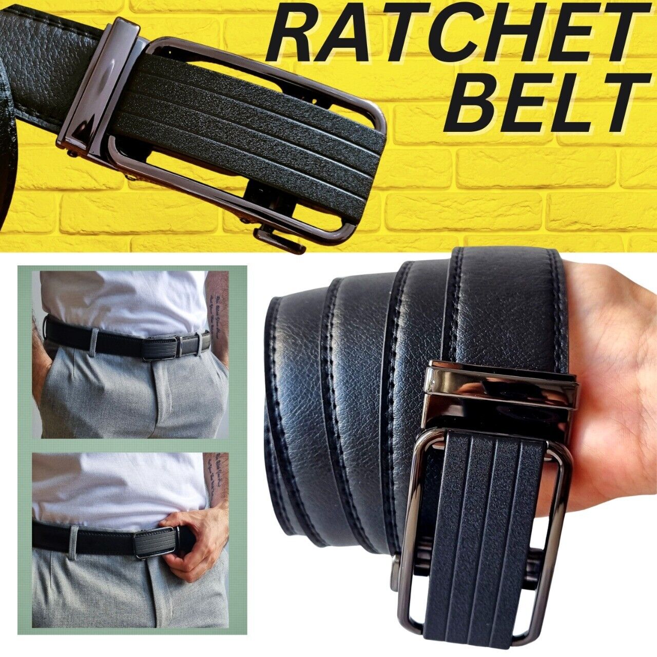 Leather Ratchet Belt For Men Adjustable Size, Slide Buckle