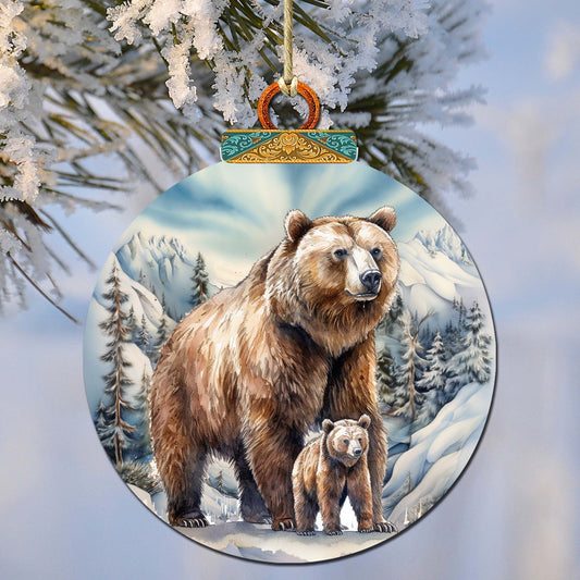 Grizzly Bear with Cub Wooden Ornaments by G.Debrekht - Wildlife Holiday Decor - 870070-0
