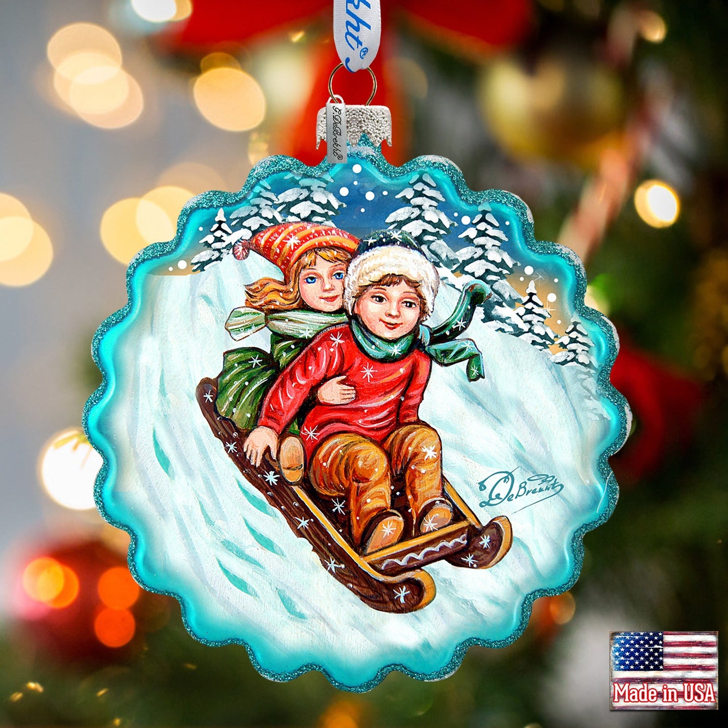 Kids Happy Sledging Wreath Glass Ornament by G. DeBrekht - Christmas Decor - 759-045-1
