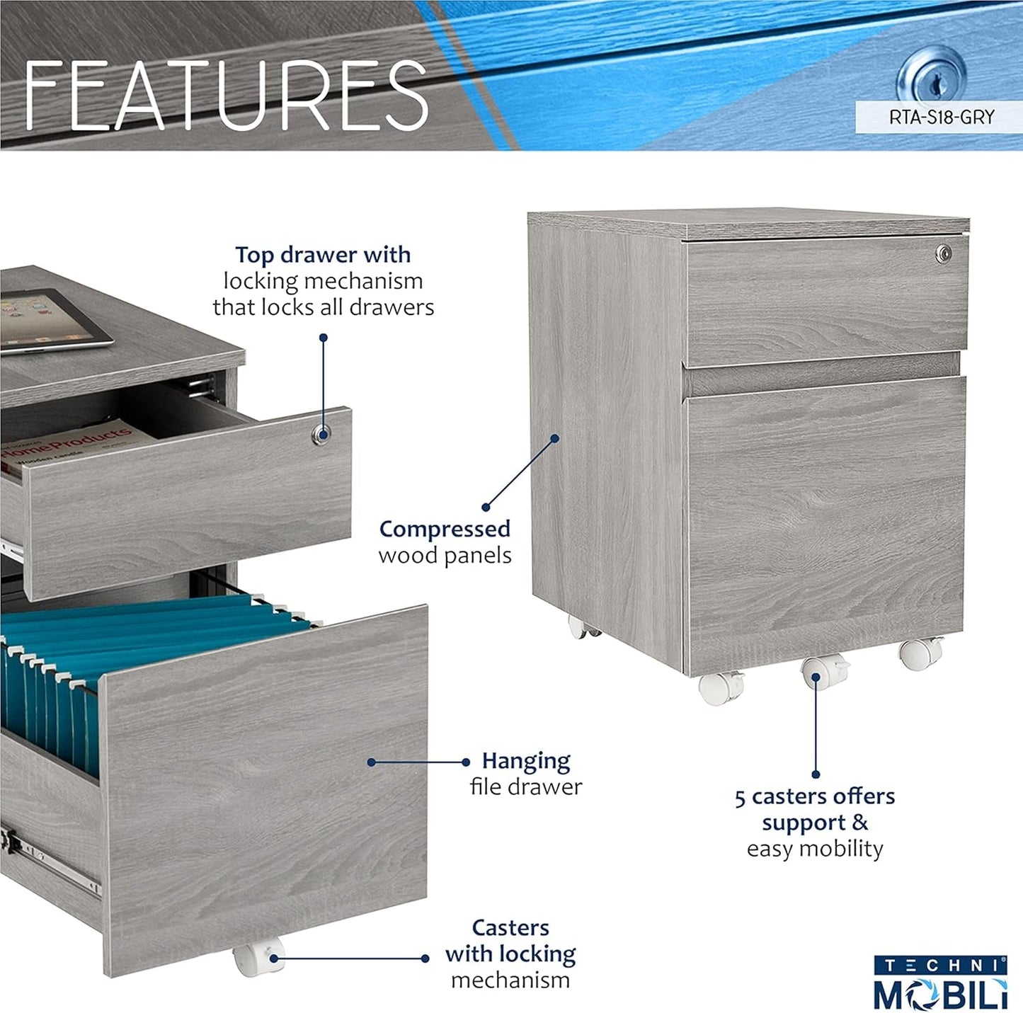 Rolling Lock and Storage 2 Drawer Vertical Filing Cabinet, 15.75" L X 17.75" W X 23" H,Grey-3