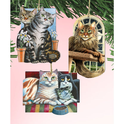 Gazing Cats Wooden Ornaments Set of 3 by Laura Seeley - Pets Dog and Cats Decor - 8100098S3-LS-0